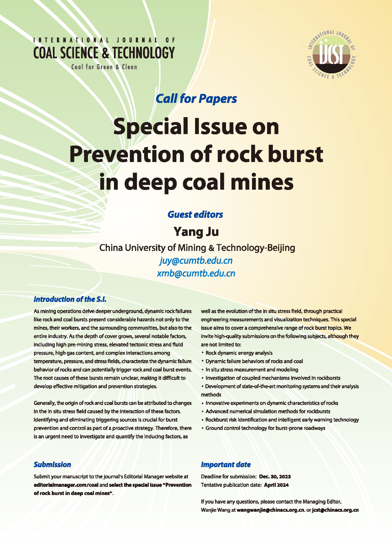 IJCST 2023年专题征稿 | Prevention of rock burst in deep coal mines